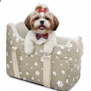 Beige Paw-Print Dog Travel Carrier with Comfortable Cushioned Sides